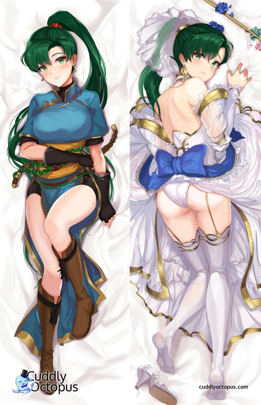 1girl, ass, bare_shoulders, bed_sheet, blush, boots, breasts, bride, brown_footwear, closed_mouth, commentary_request, dakimakura_(medium), dress, earrings, fingerless_gloves, fire_emblem, fire_emblem:_the_blazing_blade, fire_emblem_heroes, full_body, garter_straps, gloves, green_eyes, green_hair, high_heels, highres, jewelry, knee_boots, large_breasts, lips, logo, long_hair, looking_at_viewer, lying, lyn_(bride_of_the_plains)_(fire_emblem), lyn_(fire_emblem), multiple_views, nintendo, official_alternate_costume, on_back, on_stomach, ormille, panties, pelvic_curtain, petals, ponytail, short_sleeves, shorts, smile, underwear, wedding_dress, white_dress, white_legwear