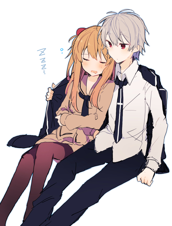 1boy, 1girl, bad_id, bad_pixiv_id, black_jacket, black_neckwear, black_pants, blush