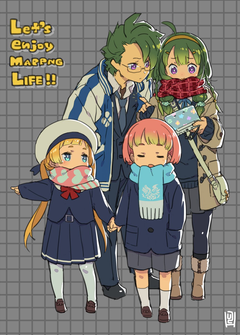 2boys, 2girls, ahoge, alternate_costume, bag, blonde_hair, blue_eyes, brown_hair, closed_eyes, closed_mouth, etrian_odyssey, glasses, gradient_hair, green_hair, grey_background, hairband, hand_in_pocket, handbag, handheld_game_console, hat, hero_(sekaiju), hero_1_(sekaiju), hero_2_(sekaiju), hero_3_(sekaiju), hero_4_(sekaiju), highres, himukai_yuuji, holding, holding_hands, jacket, long_hair, long_sleeves, multicolored_hair, multiple_boys, multiple_girls, necktie, nintendo_3ds, open_clothes, open_jacket, open_mouth, pants, pantyhose, purple_eyes, red_scarf, scarf, sekaiju_no_meikyuu, sekaiju_no_meikyuu_x, short_hair, shorts, sidelocks, skirt, standing, white_legwear, yellow_hairband