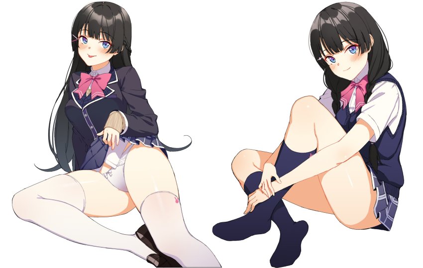1girl, :p, absurdres, black_hair, blazer, blue_eyes, blue_socks, blush