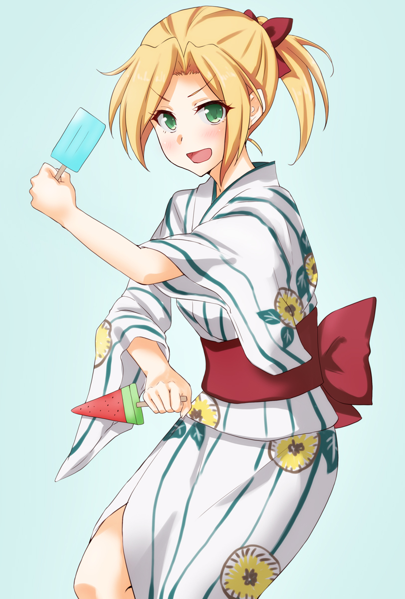1girl, :d, anti_(untea9), blonde_hair, blue_background, blush, commentary, dual_wielding