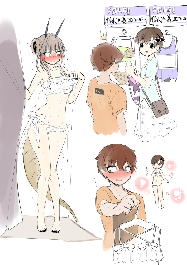 1boy, 2girls, antennae, bikini, blush, brown_hair, genderswap, genderswap_(mtf), hair_ornament, himekawa_koyuki, kishibe_souta, kouji_(kari), la_pucelle_(mahoiku), long_hair, magical_girl, mahou_shoujo_ikusei_keikaku, mahou_shoujo_ikusei_keikaku_unmarked, multiple_girls, nail_polish, swimsuit, tail, translation_request, white_bikini