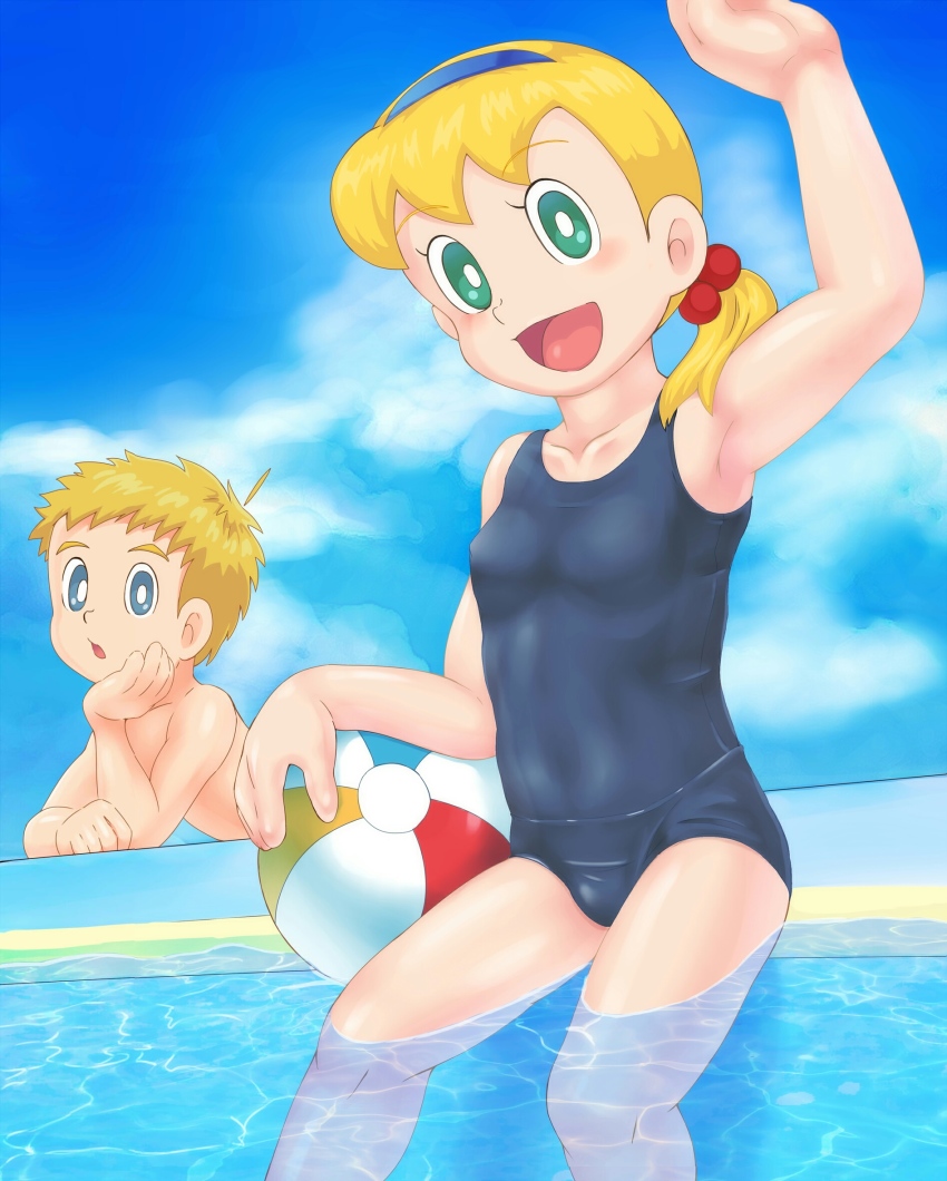 1boy, 1girl, blonde_hair, blush, doraemon, flock, highres, open_mouth, sarah, serra_(eiga_doraemon:_nobita_no_takarajima), smile, swimsuit, takeru33