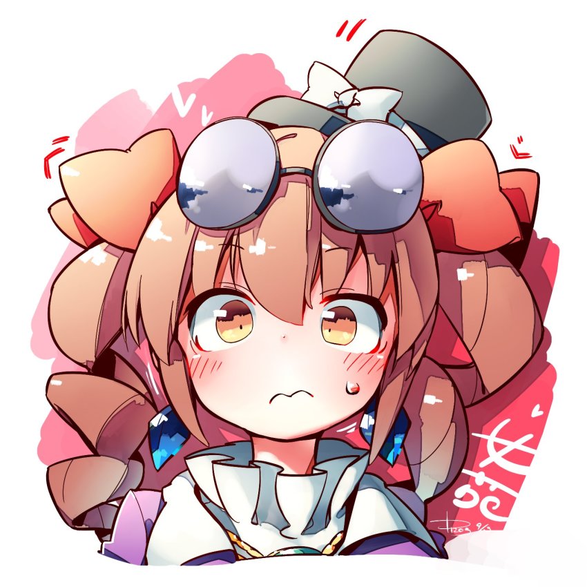 1girl, 3:, blush, bow, chibi, closed_mouth, drill_hair, earrings