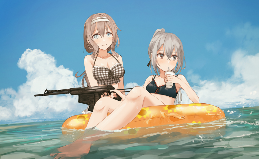2girls, aps_rifle, bare_arms, bare_legs, bare_shoulders, barefoot, beach, bikini