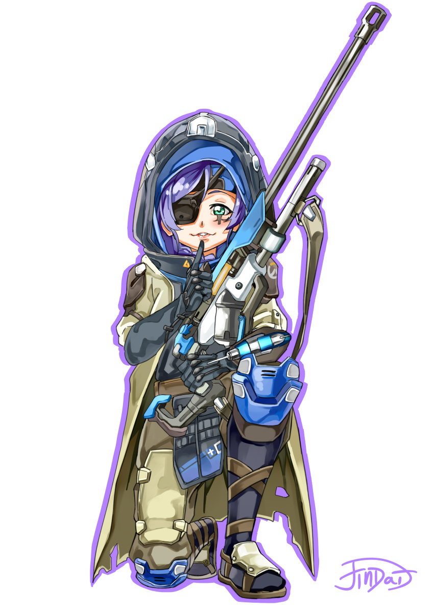 absurdres, ana_(overwatch), ana_(overwatch)_(cosplay), cosplay, eyepatch, facial_tattoo, finger_to_mouth, gun