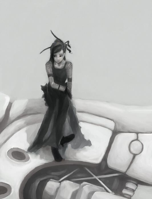 black_hair, dress, fishnets, goth_fashion, hair_ornament, high_heels, ikaruga, kagari_(ikaruga)