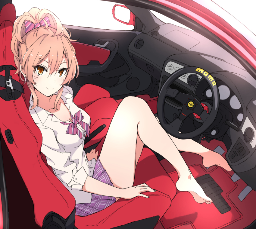 1girl, absurdres, barefoot, bow, bowtie, breasts, brown_eyes, car_interior