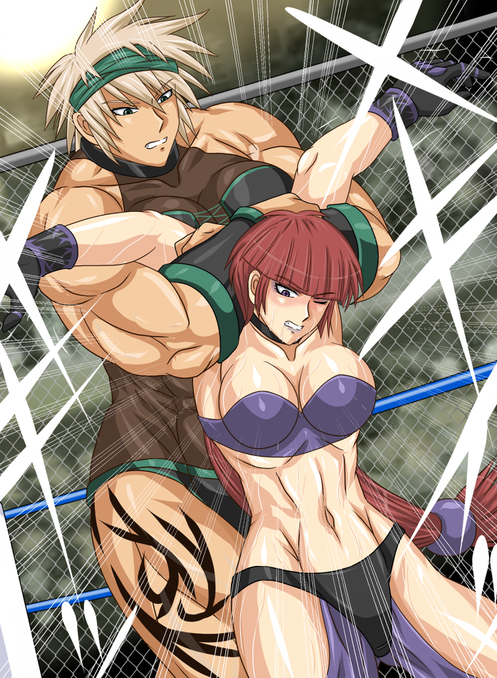 2girls, blonde_hair, blunt_bangs, collar, green_eyes, hakamada_yurie, multiple_girls, muscular