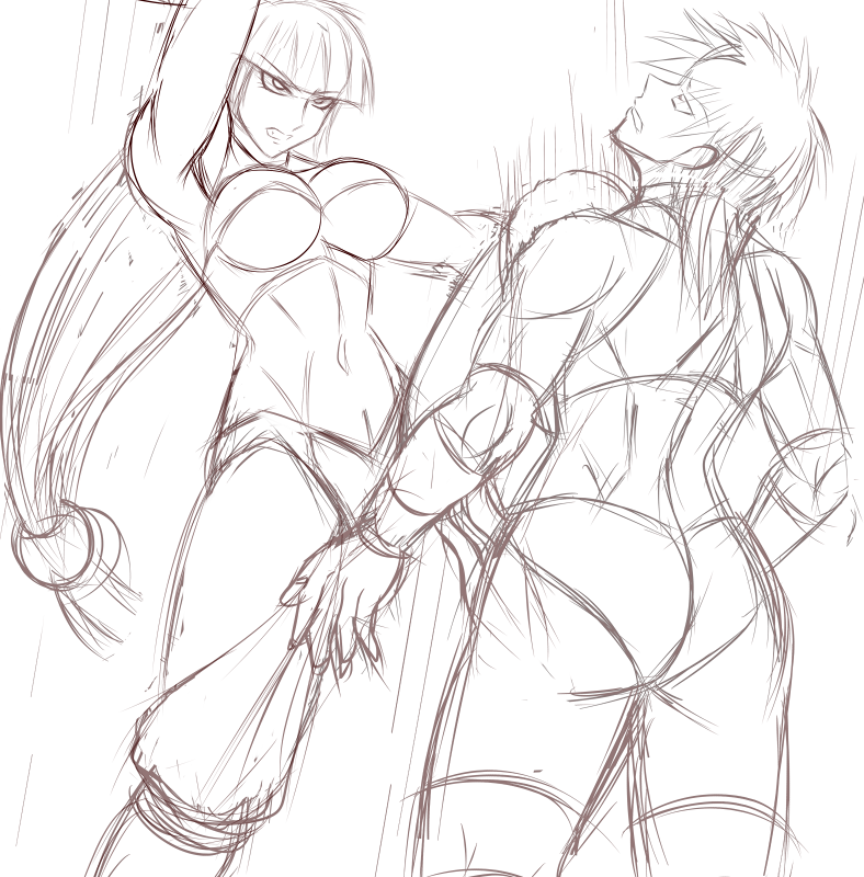 2girls, ass, blunt_bangs, katou_yuka, multiple_girls, muscular, original, shidoh_ryuu, sketch, tagme, taroimo_(00120014)