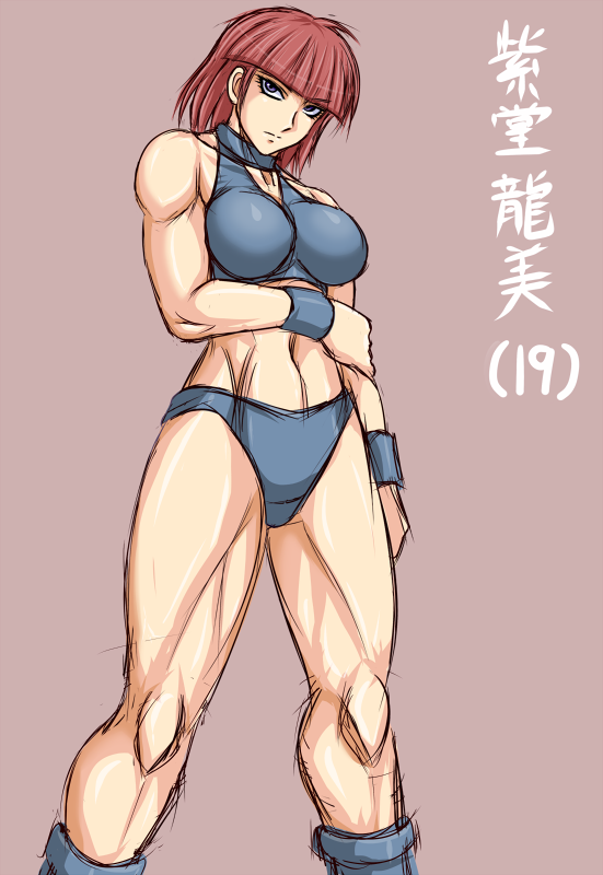 1girl, aged_down, blunt_bangs, collar, female_focus, muscular, original, purple_eyes