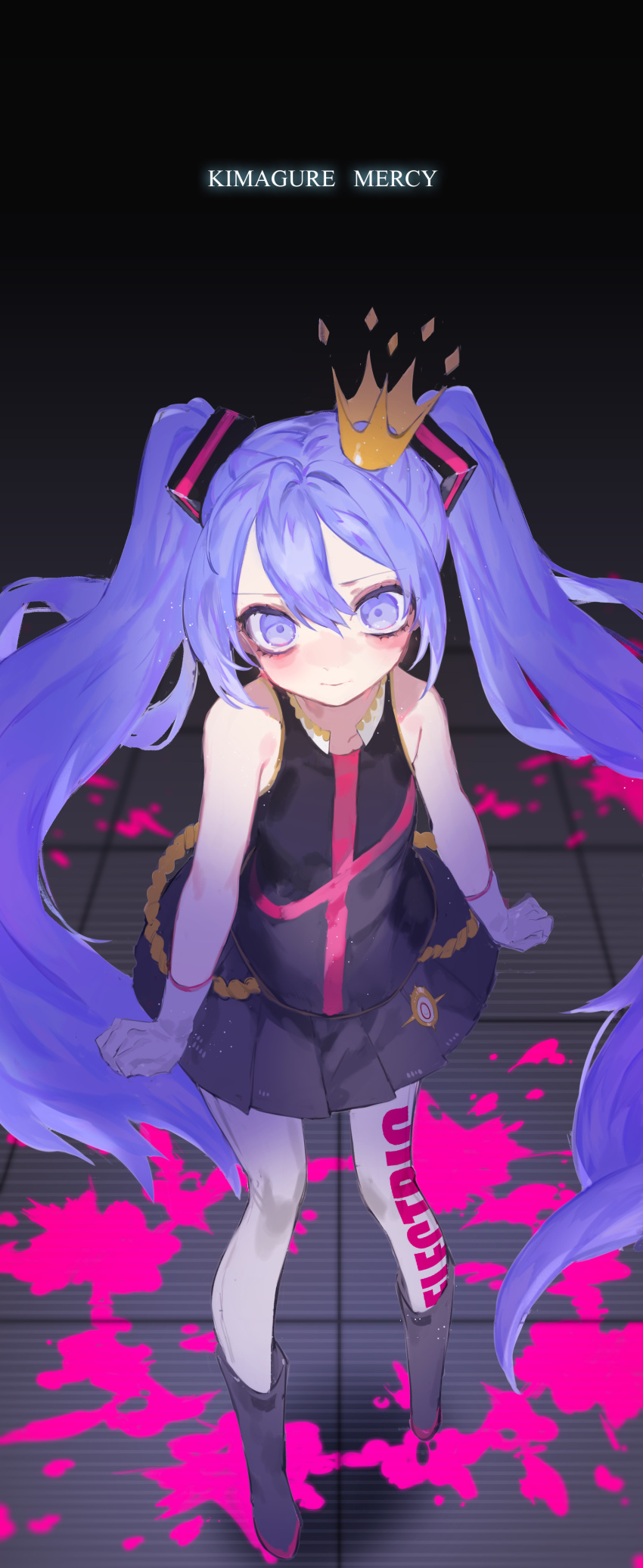 1girl, absurdres, alternate_costume, blood, blood_splatter, blue_eyes, blue_hair, boots