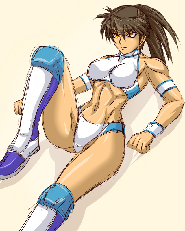 1girl, brown_hair, female_focus, fuyumi_natsuko, muscular, orange_eyes, original, ponytail