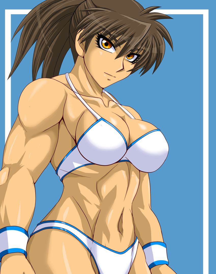 1girl, absurdres, brown_hair, female_focus, fuyumi_natsuko, highres, muscular, orange_eyes, original, ponytail, solo, tagme, taroimo_(00120014)