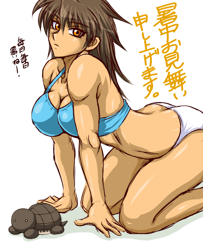 1girl, brown_hair, female_focus, fuyumi_natsuko, muscular, orange_eyes, original, ponytail