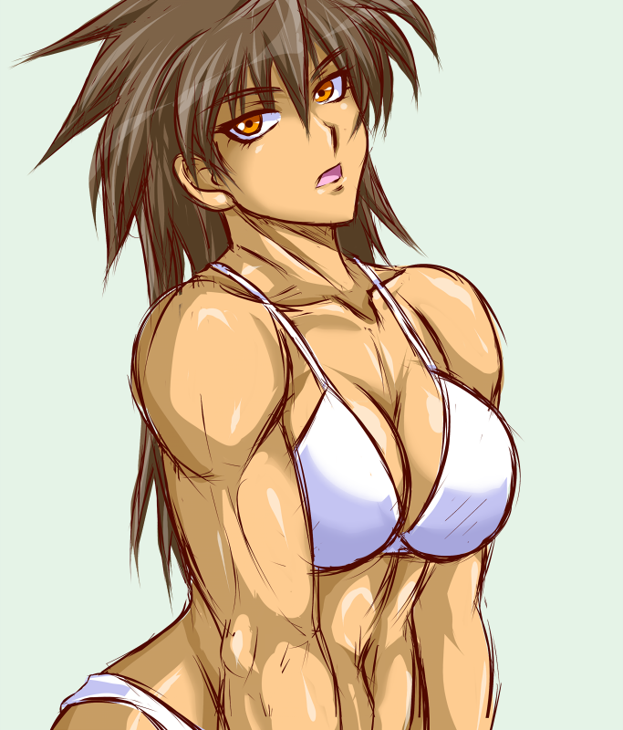1girl, bikini, breasts, brown_hair, female_focus, fuyumi_natsuko, muscular, muscular_female