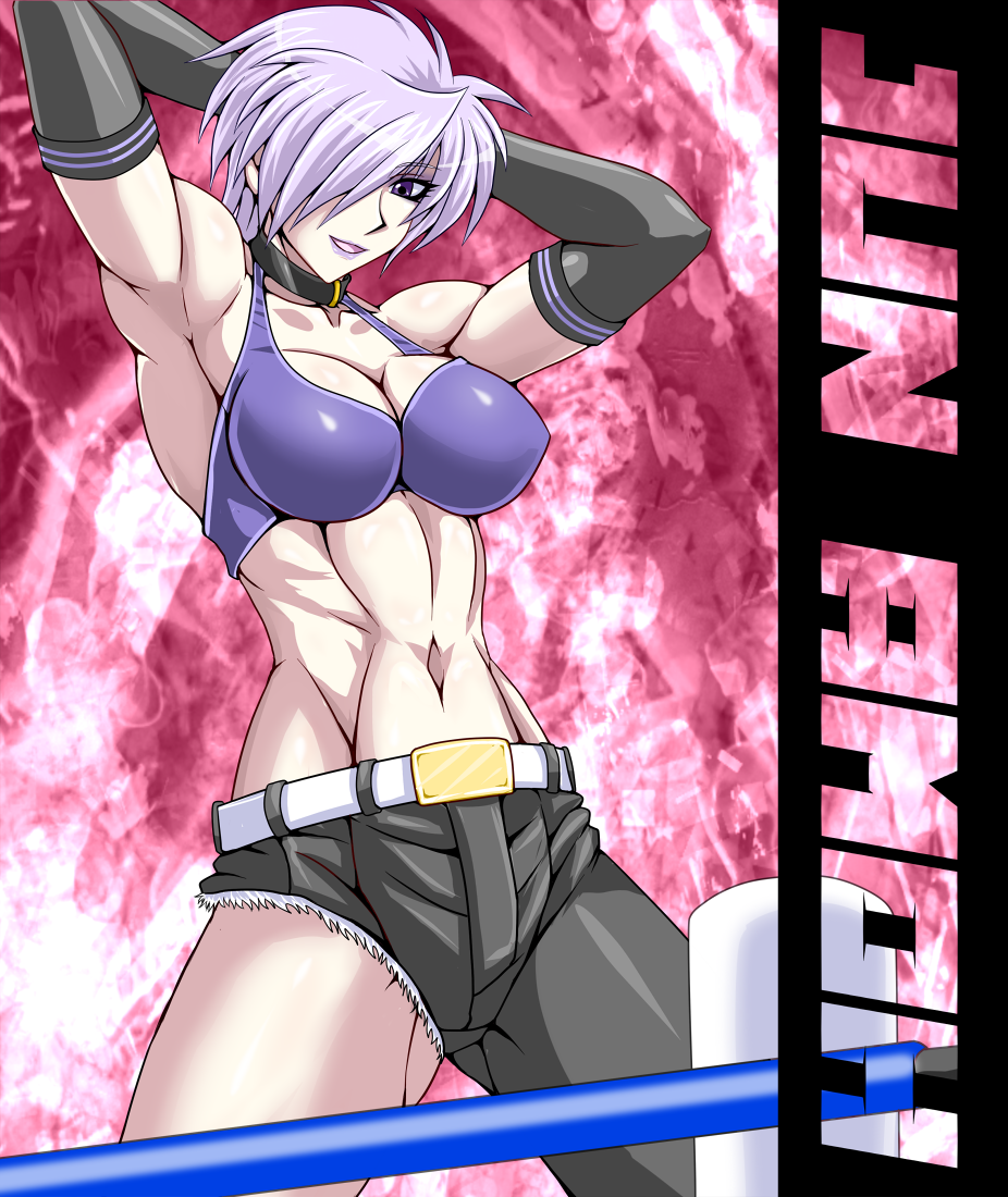 1girl, amoh_jun, character_name, female_focus, grey_eyes, muscular, original, silver_hair