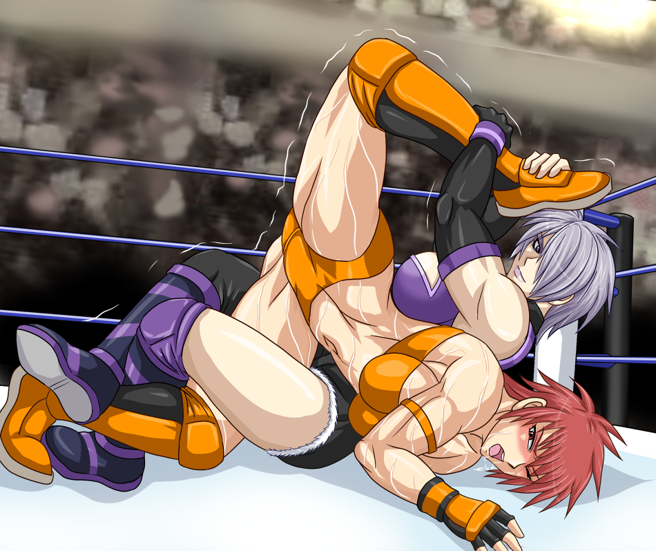 2girls, amoh_jun, blush, boots, elbow_pads, fingerless_gloves, gloves, grey_eyes, kusakabe_hikari, multiple_girls, muscular, one_eye_closed, open_mouth, original, pink_hair, silver_hair, submission_hold, tagme, taroimo_(00120014), wince, wrestling, wrestling_ring