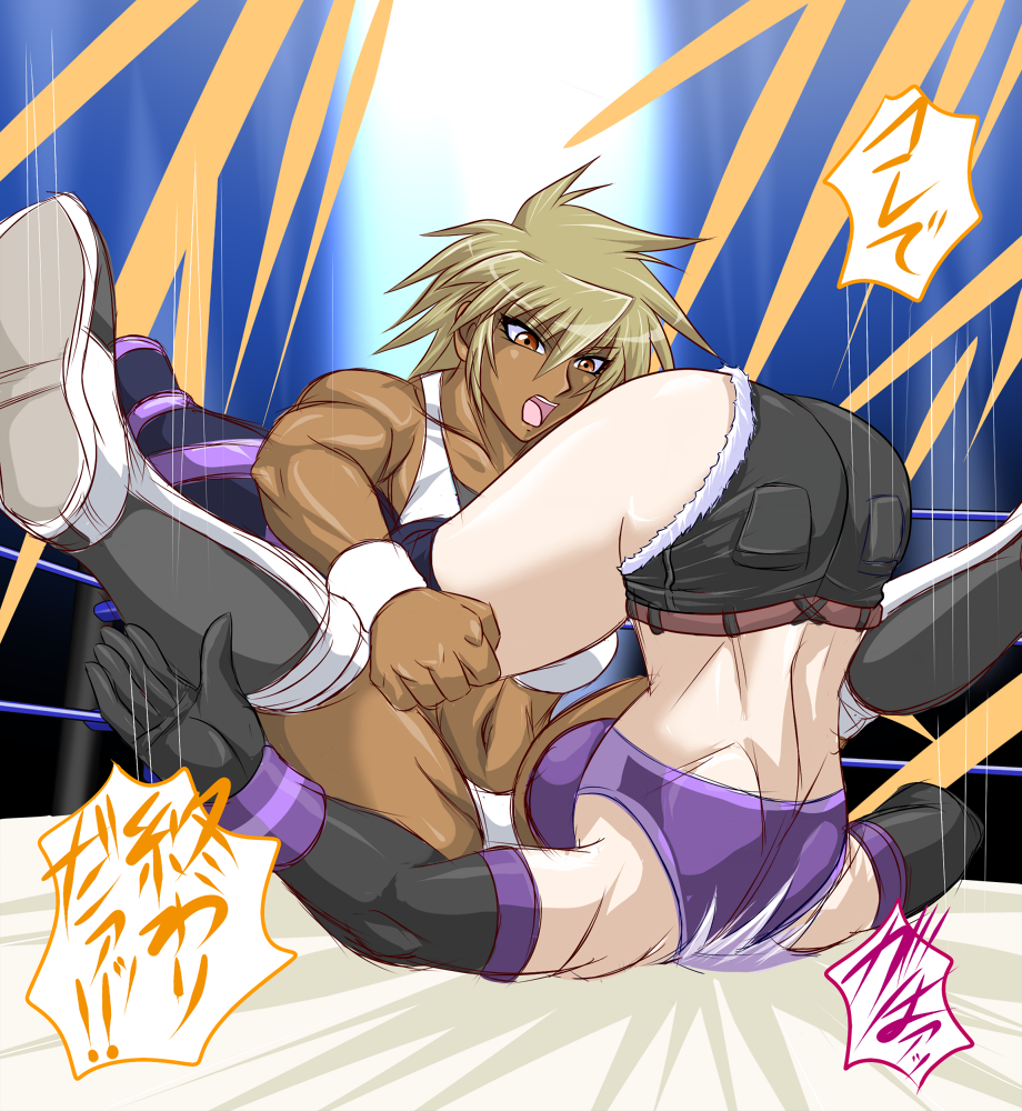 2girls, amoh_jun, ass, blonde_hair, boots, dark-skinned_female, dark_skin, midriff, multiple_girls, muscular, open_mouth, original, shorts, silver_hair, tagme, takizawa_kairi, taroimo_(00120014), translation_request, wrestling_ring, wristband