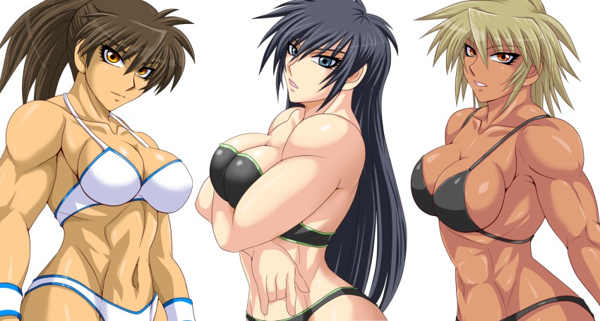 3girls, black_hair, blonde_hair, blue_eyes, breasts, brown_hair, cleavage, dark-skinned_female