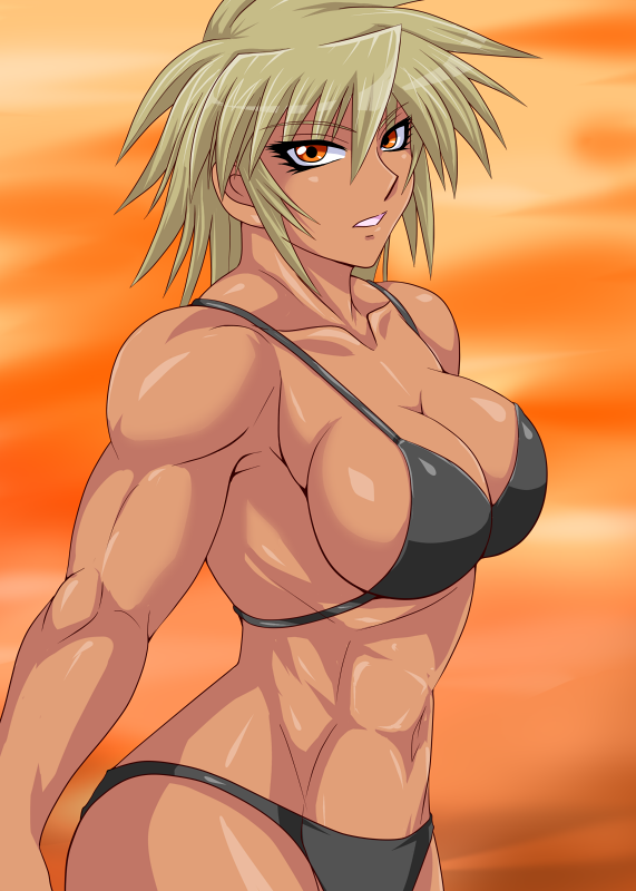 bikini, black_bikini, blonde_hair, dark_skin, muscular, original, swimsuit, tagme