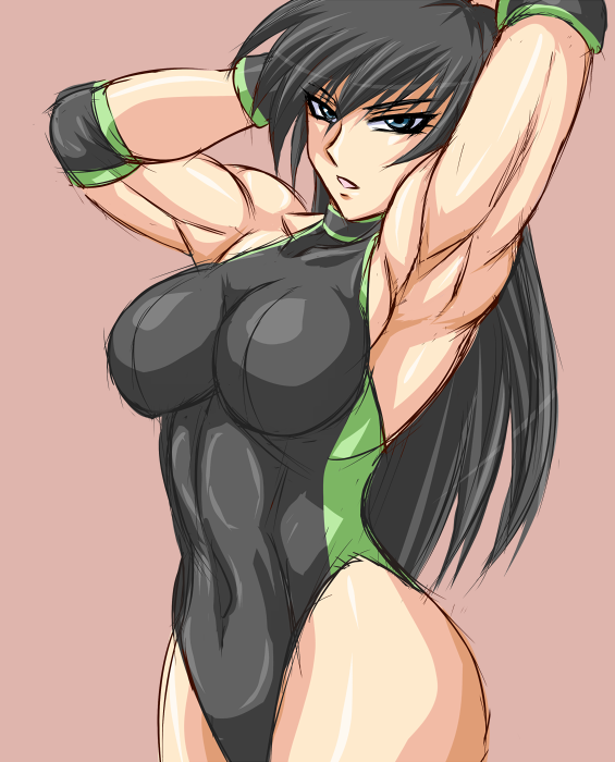 1girl, black_hair, blue_eyes, female_focus, leotard, long_hair, muscular, original