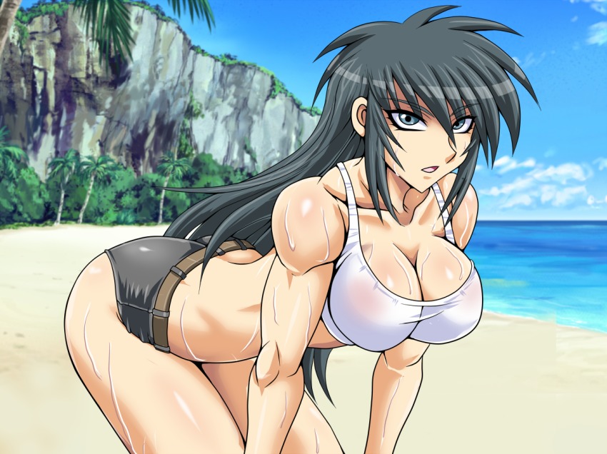 1girl, bikini, black_hair, blue_eyes, female_focus, long_hair, muscular, original
