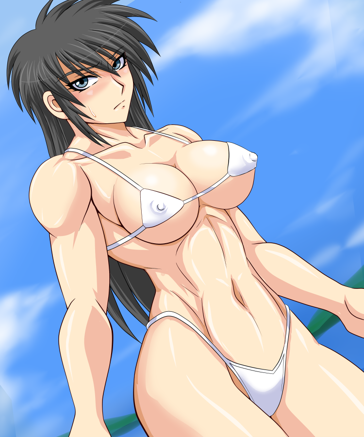1girl, bikini, black_hair, blue_eyes, female_focus, long_hair, micro_bikini, muscular, original, shimamoto_utako, solo, swimsuit, tagme, taroimo_(00120014), white_bikini