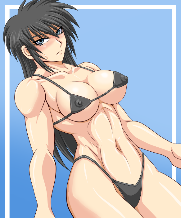 1girl, bikini, black_bikini, black_hair, blue_eyes, female_focus, long_hair, micro_bikini, muscular, original, shimamoto_utako, solo, swimsuit, tagme, taroimo_(00120014)
