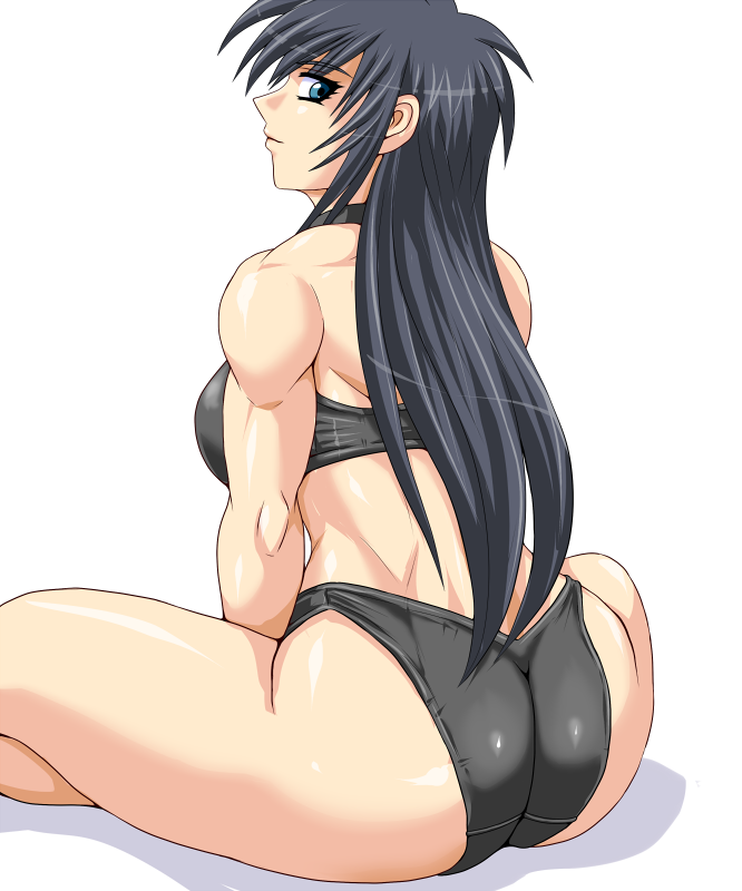 1girl, ass, bikini, black_hair, blue_eyes, female_focus, indian_style, long_hair, muscular, muscular_female, original, shimamoto_utako, shiny_clothes, shiny_skin, sitting, solo, swimsuit, tagme, taroimo_(00120014), wedgie