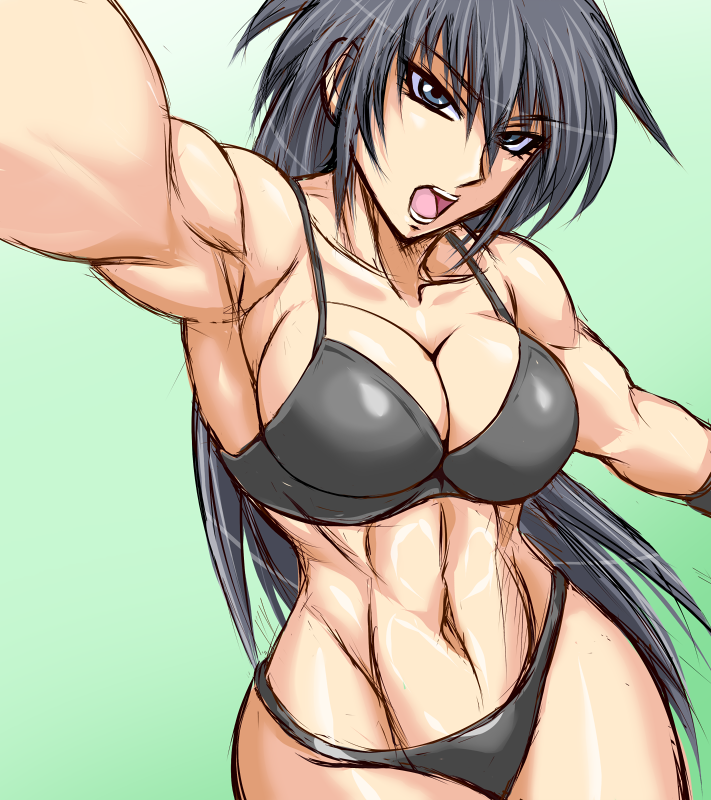 1girl, bikini, black_bikini, black_hair, blue_eyes, female_focus, long_hair, muscular