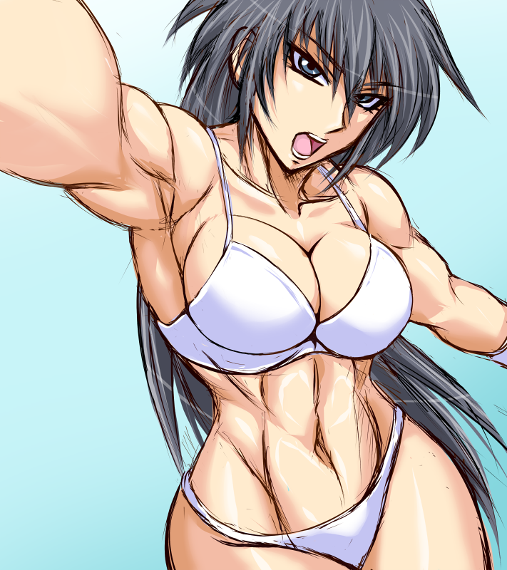 1girl, bikini, black_hair, blue_eyes, female_focus, long_hair, muscular, original