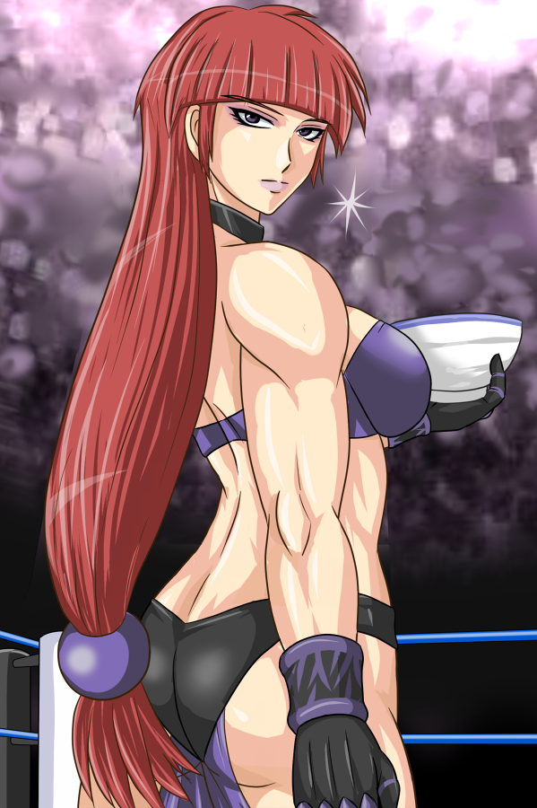 1girl, ass, blunt_bangs, female_focus, long_hair, looking_back, original, red_hair, shidoh_ryuu, solo, tagme, taroimo_(00120014), wrestling_ring