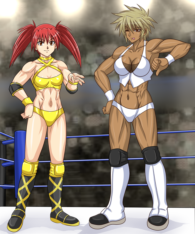 2girls, blonde_hair, dark-skinned_female, dark_skin, miyao_tatsuko, multiple_girls, muscular, muscular_female