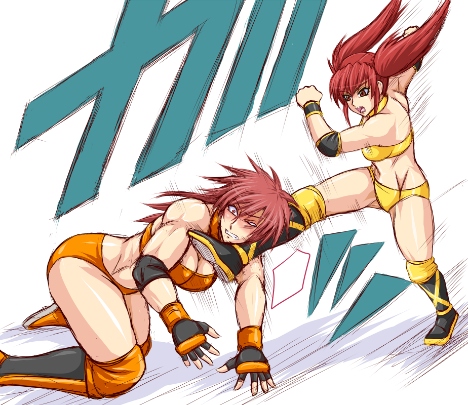 2girls, boots, breasts, cleavage, elbow_pads, fingerless_gloves, gloves, kicking, kusakabe_hikari, miyao_tatsuko, multiple_girls, muscular, original, red_eyes, red_hair, tagme, taroimo_(00120014), twintails, wristband