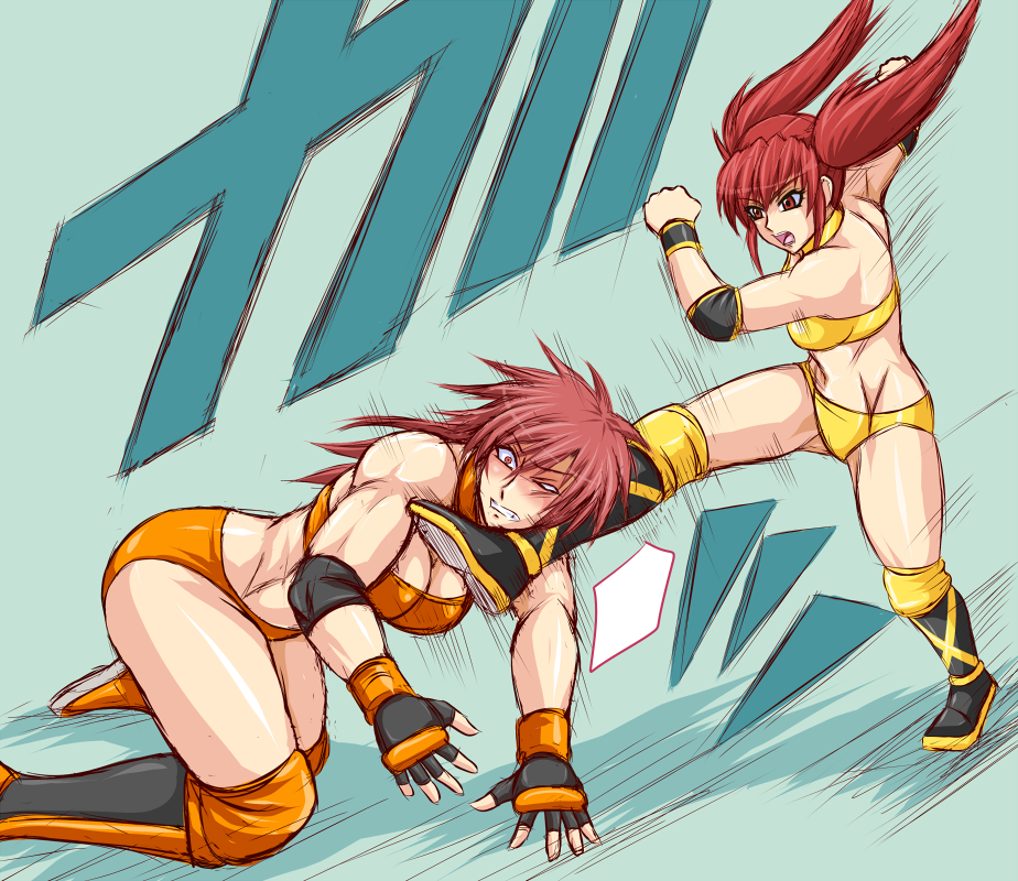 2girls, boots, breasts, cleavage, elbow_pads, fingerless_gloves, gloves, kicking, kusakabe_hikari, miyao_tatsuko, multiple_girls, muscular, original, red_eyes, red_hair, tagme, taroimo_(00120014), twintails, wristband