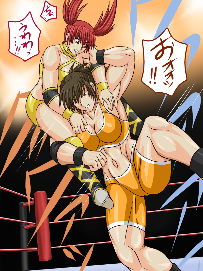 2girls, miyao_tatsuko, multiple_girls, muscular, muscular_female, original, red_eyes, red_hair