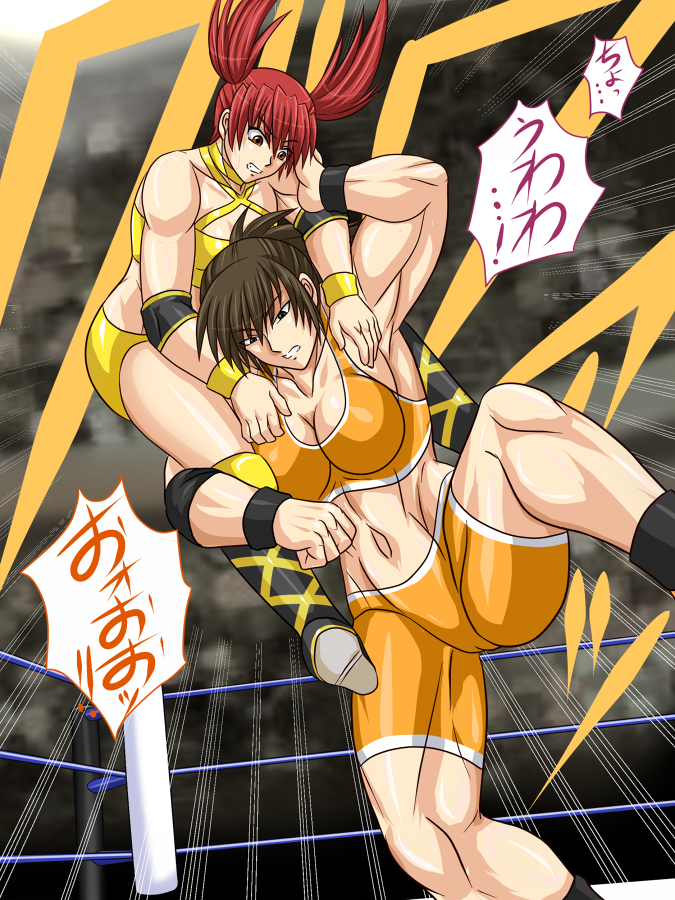2girls, miyao_tatsuko, multiple_girls, muscular, muscular_female, original, red_eyes, red_hair