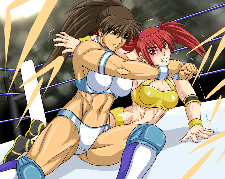 2girls, armband, elbow_pads, fuyumi_natsuko, knee_pads, miyao_tatsuko, multiple_girls, muscular