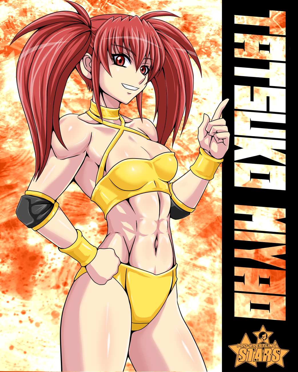 1girl, character_name, female_focus, grin, highres, miyao_tatsuko, muscular, original, red_eyes, red_hair, smile, solo, tagme, taroimo_(00120014), twintails, wrestling_outfit