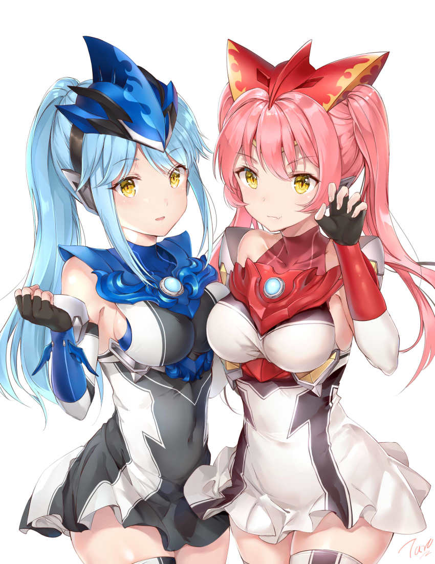 2girls, absurdres, armor, asymmetrical_docking, black_dress, black_gloves, blue_hair, breast_press, breasts, claw_pose, closed_mouth, covered_collarbone, covered_navel, cowboy_shot, detached_sleeves, dress, fang, fang_out, fingerless_gloves, fingernails, gem, genderswap, genderswap_(mtf), gloves, hair_between_eyes, hand_up, headgear, highres, humanization, long_hair, looking_at_viewer, medium_breasts, multiple_girls, open_mouth, parted_bangs, pink_hair, ponytail, siblings, sidelocks, signature, simple_background, sisters, sleeveless, sleeveless_dress, slit_pupils, smile, standing, taro_(ultrataro), thighhighs, turtleneck, twintails, ultra_series, ultraman_blu, ultraman_r/b, ultraman_rosso, underbust, vambraces, white_background, white_dress, white_legwear, yellow_eyes