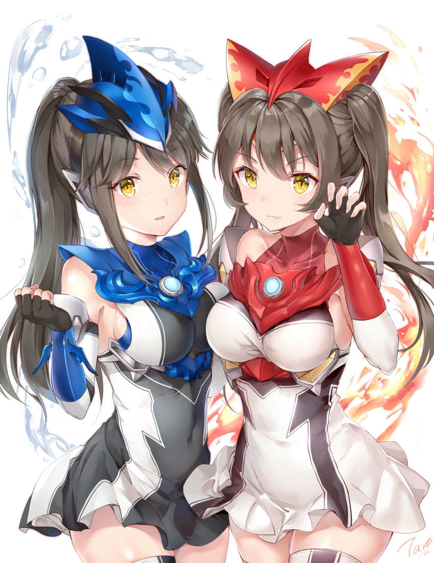 2girls, absurdres, armor, asymmetrical_docking, black_dress, black_gloves, breast_press, breasts, brown_hair, claw_pose, closed_mouth, commentary, covered_collarbone, covered_navel, cowboy_shot, detached_sleeves, dress, fang, fang_out, fingerless_gloves, fingernails, fire, gem, genderswap, genderswap_(mtf), gloves, hair_between_eyes, hand_up, headgear, highres, humanization, long_hair, looking_at_viewer, medium_breasts, multiple_girls, open_mouth, parted_bangs, ponytail, siblings, sidelocks, signature, simple_background, sisters, sleeveless, sleeveless_dress, slit_pupils, smile, standing, taro_(ultrataro), thighhighs, turtleneck, twintails, ultra_series, ultraman_blu, ultraman_r/b, ultraman_rosso, underbust, vambraces, water, white_background, white_dress, white_legwear, yellow_eyes
