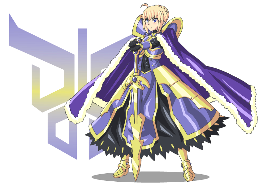1girl, ahoge, armor, armored_dress, artoria_pendragon_(fate), blonde_hair, braid, buti-yu, crossover, dress, fate/grand_order, fate_(series), female_focus, gauntlets, hair_bun, highres, holding, holding_sword, holding_weapon, kamen_rider, kamen_rider_kuuga, kamen_rider_kuuga_(rising_titan_form), kamen_rider_kuuga_(series), kuuga_(rising_titan), looking_at_viewer, purple_eyes, rider-tan, rising_titan_sword, saber_(fate), sidelocks, single_hair_bun, solo, sword, titan_sword, weapon