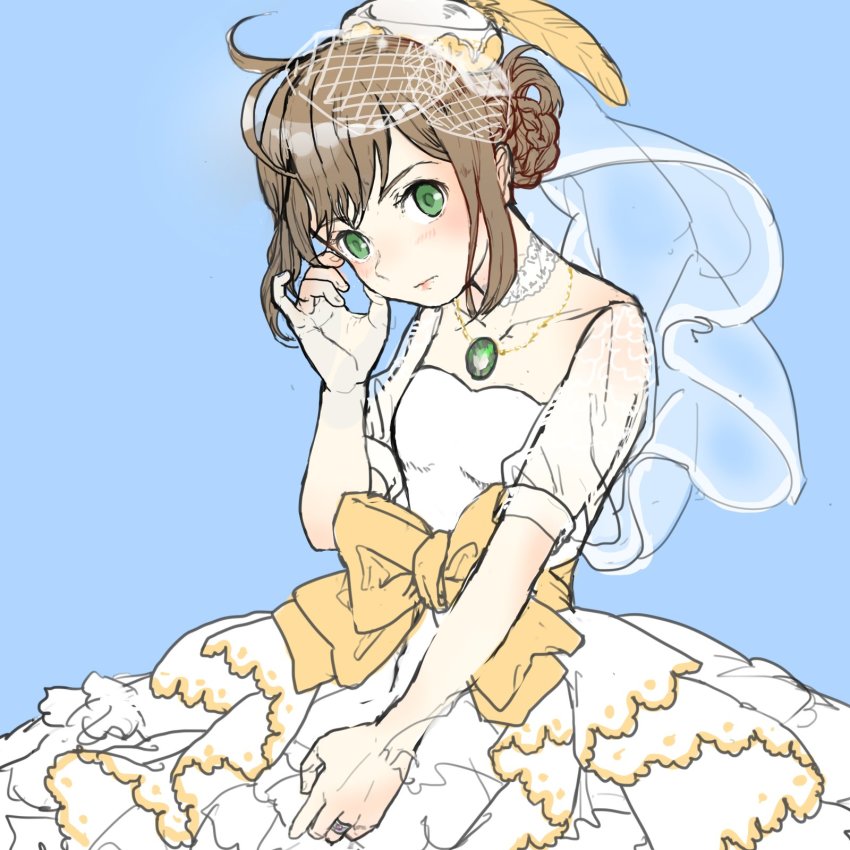 1girl, bare_shoulders, bridal_veil, bride, brown_hair, dress, elbow_gloves, female_focus, flower, formal_clothes, gloves, green_eyes, hair_bun, hair_flower, hair_ornament, highres, jewelry, long_hair, necklace, octopath_traveler, octopath_traveler_i, rico_ot, simple_background, single_hair_bun, solo, strapless, strapless_dress, tressa_(octopath_traveler), veil, wedding_dress, white_dress, white_flower, white_gloves