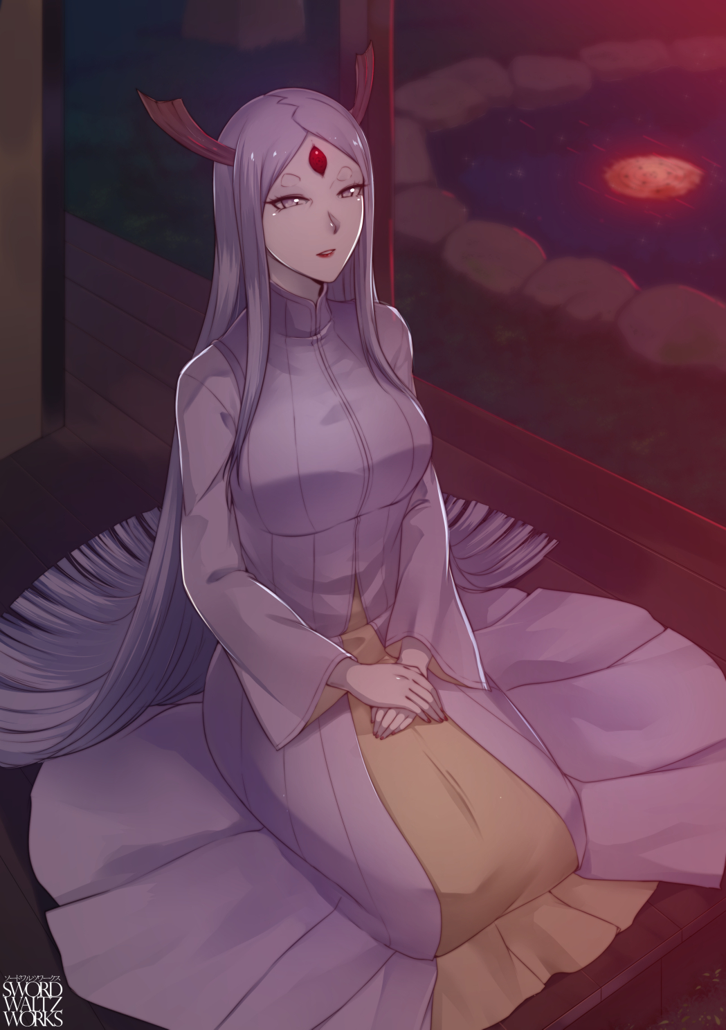 1girl, byakugan, dress, female_focus, filler, grey_hair, highres, horns, long_hair, looking_at_viewer, moon, nail_polish, naruto_(classic), naruto_(series), naruto_shippuuden, night, ootsutsuki_kaguya, pale_skin, parted_bangs, parted_lips, reflection, rinne_sharingan, ripples, seiza, sitting, solo, swordwaltz, third_eye, very_long_hair, water