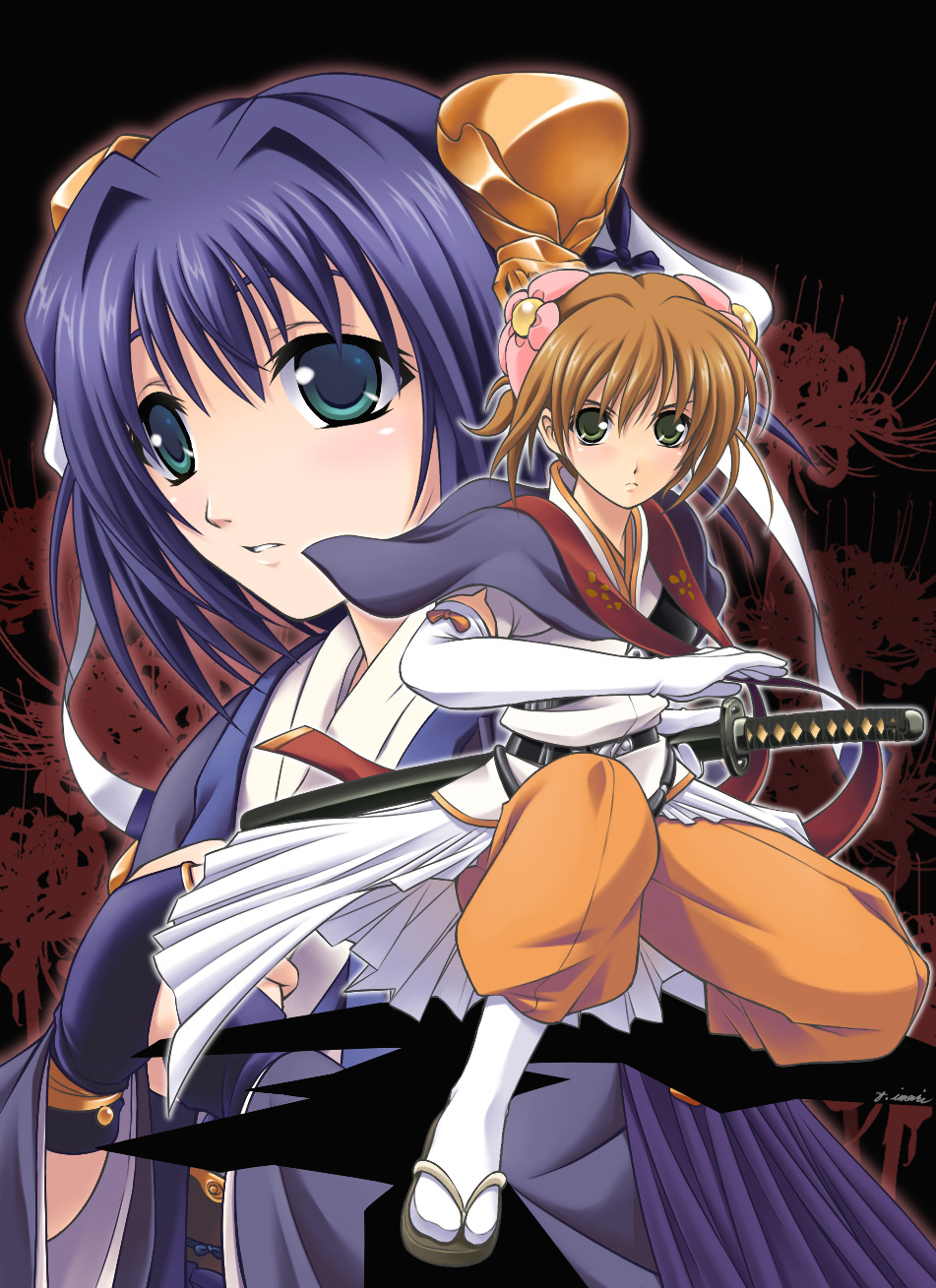 2girls, arm_behind_back, belt, black_background, blue_cape, blue_eyes, blue_hair, blue_kimono, blush, bridal_gauntlets, brown_eyes, brown_hair, cape, closed_mouth, commentary_request, dai_(series), daiakuji, elbow_gloves, fighting_stance, flower, full_body, gloves, green_eyes, hair_flower, hair_intakes, hair_ornament, hair_ribbon, hakama, hakama_skirt, highres, holding, holding_sheath, holding_sword, holding_weapon, japanese_clothes, katana, kimono, kneeling, light_blush, multiple_girls, orange_hakama, own_hands_clasped, own_hands_together, pink_flower, ribbon, sandals, sheath, short_hair, skirt, sword, tabi, toki_haruka, v-shaped_eyebrows, veraqueen, weapon, white_gloves, white_kimono, white_legwear, yume_(daiakuji)