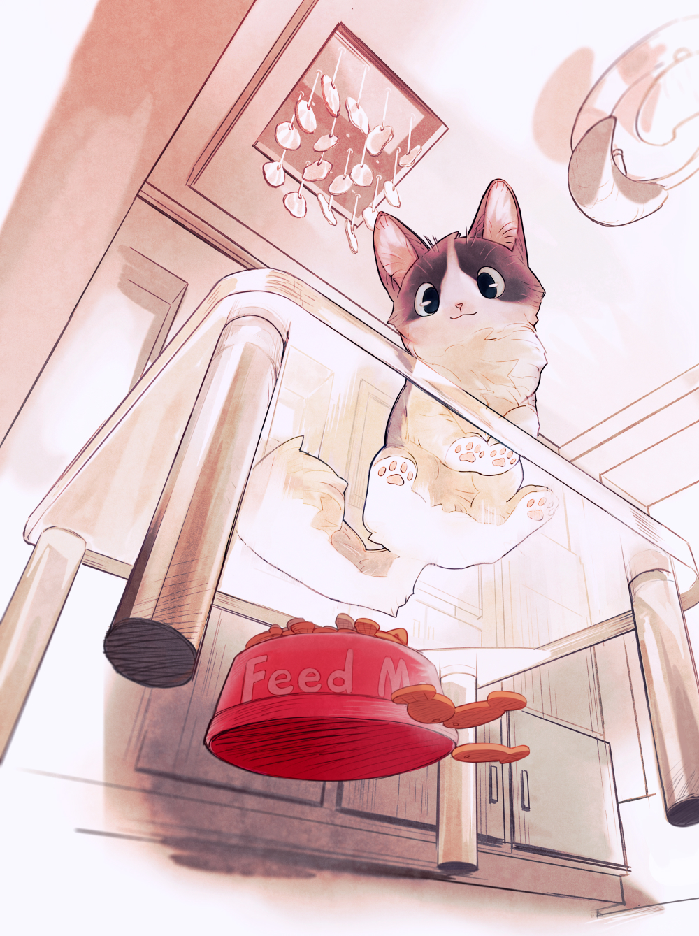 bowl, cabinet, cat, pet_food, ceiling_light, from_below, glass_table, highres