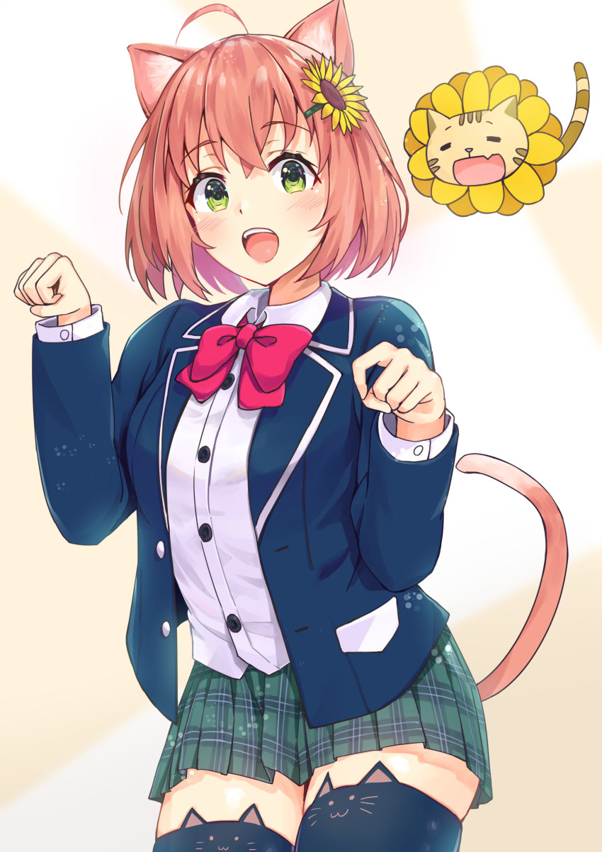 1girl, :d, absurdres, ahoge, animal_ear_legwear, animal_ears, black_thighhighs, blazer