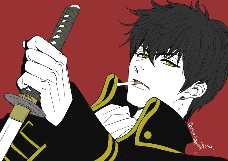 1boy, ascot, black_hair, cigarette, flat_color, formal_clothes, frown, gintama