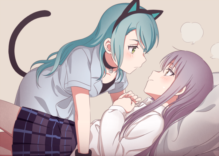 2girls, animal_ears, aqua_hair, bang_dream!, bang_dream!_girls_band_party!, blouse, blush, cat_ears, cat_tail, choker, collared_shirt, fake_animal_ears, green_eyes, hikawa_sayo, long_hair, long_sleeves, lying, minato_yukina, multiple_girls, on_back, plaid_clothes, plaid_skirt, pleated_skirt, shirt, short_sleeves, skirt, tail, un403lucky, white_shirt, yellow_eyes, yuri